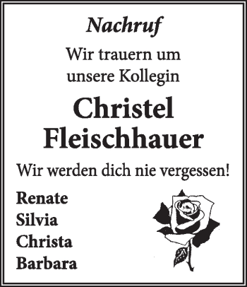 Traueranzeige von Christel Fleischhauer von Super Sonntag Dessau / Köthen