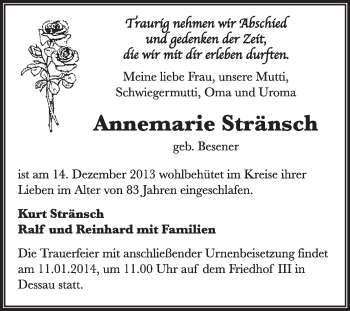 Traueranzeige von Annemarie Stränsch von Super Sonntag Dessau / Köthen