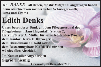 Traueranzeige von Edith Denks von WVG - Wochenspiegel Quedlinburg