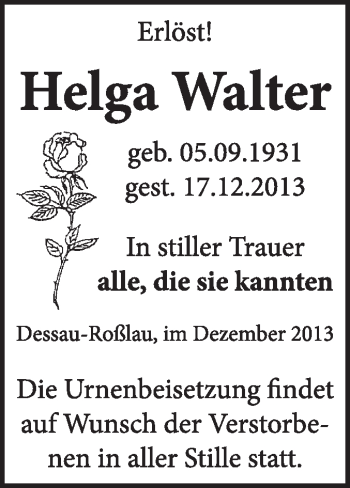 Traueranzeige von Helga Walter von Super Sonntag Dessau / Köthen