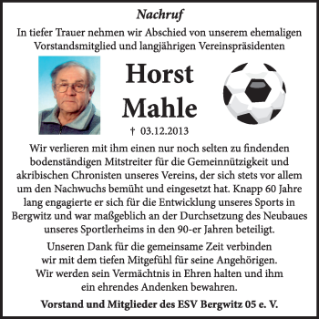 Traueranzeige von Horst Mahle von Super Sonntag Wittenberg