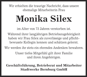 Traueranzeige von Monika Silex von Super Sonntag Bernburg