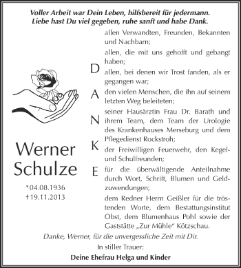 Traueranzeige von Werner Schulze von Super Sonntag Merseburg
