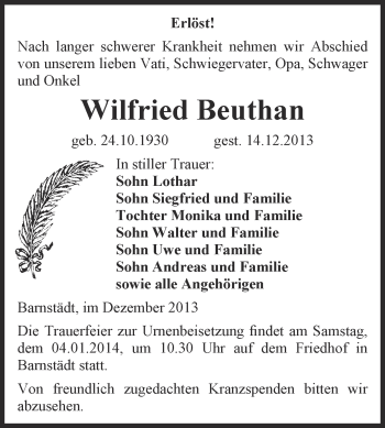 Traueranzeige von Wilfried Beuthan von WVG - Wochenspiegel Merseburg