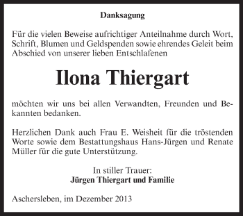 Traueranzeige von Ilona Thiergart von Super Sonntag Aschersleben