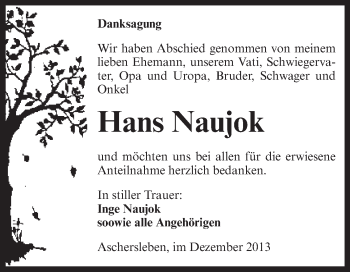 Traueranzeige von Hans Naujok von Super Sonntag Aschersleben