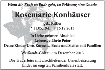 Traueranzeige von Rosemarie Konhäuser von Super Sonntag Dessau / Köthen