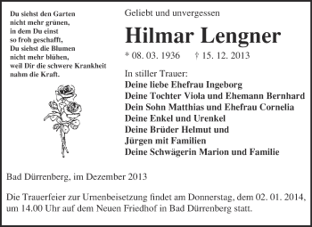 Traueranzeige von Hilmar Lengner von Super Sonntag Merseburg