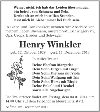 Traueranzeige von Henry Winkler von Super Sonntag Zeitz