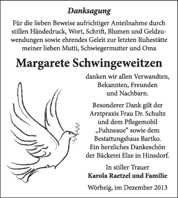Traueranzeige von Margarete Schwingeweitzen von Super Sonntag Dessau / Köthen