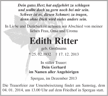 Traueranzeige von Edith Ritter von Super Sonntag Merseburg