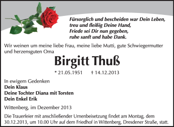 Traueranzeige von Birgitt Thuß von WVG - Wochenspiegel Wittenberg