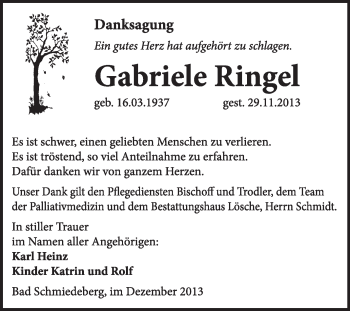 Traueranzeige von Gabriele Ringel von WVG - Wochenspiegel Wittenberg