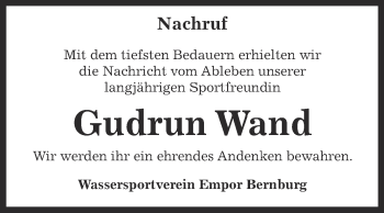 Traueranzeige von Gudrun Wand von Super Sonntag Bernburg