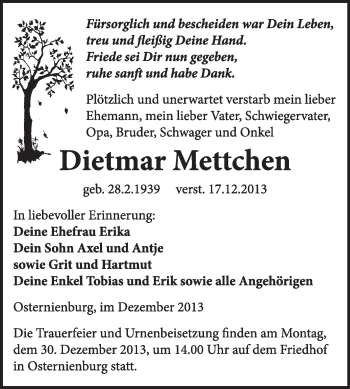 Traueranzeige von Dietmar Mettchen von Super Sonntag Dessau / Köthen