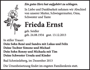 Traueranzeige von Frieda Ernst von WVG - Wochenspiegel Wittenberg