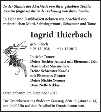 Traueranzeige von Ingrid Thierbach von Super Sonntag Dessau / Köthen