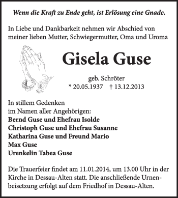 Traueranzeige von Gisela Guse von Super Sonntag Dessau / Köthen