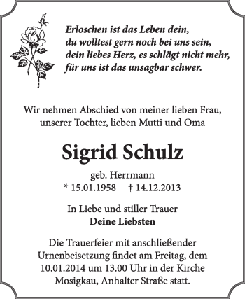 Traueranzeige von Sigrid Schulz von Super Sonntag Dessau / Köthen