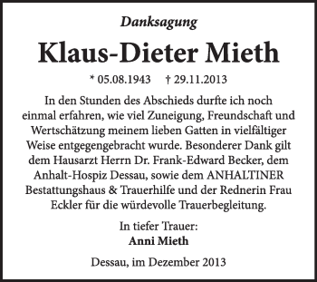 Traueranzeige von Klaus-Dieter Mieth von Super Sonntag Dessau / Köthen