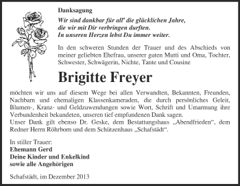 Traueranzeige von Brigitte Freyer von WVG - Wochenspiegel Merseburg