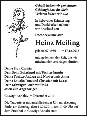 Traueranzeige von Heinz Meiling von Super Sonntag Wittenberg