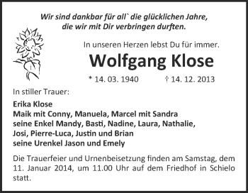 Traueranzeige von Wolfgang Klose von WVG - Wochenspiegel Quedlinburg