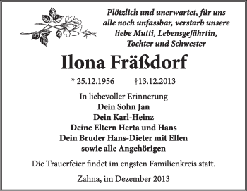 Traueranzeige von Ilona Fräßdorf von Super Sonntag Wittenberg