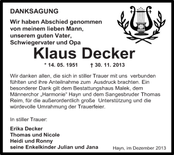 Traueranzeige von Klaus Decker von WVG - Wochenspiegel Quedlinburg