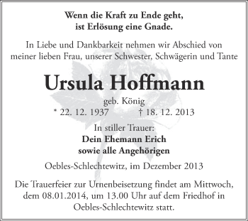 Traueranzeige von Ursula Hoffmann von Super Sonntag Merseburg
