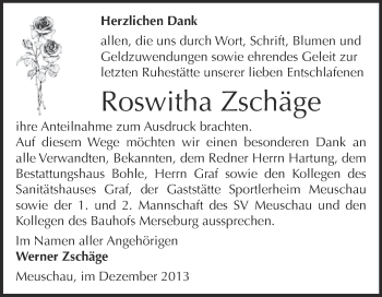 Traueranzeige von Roswitha Zschäge von Super Sonntag Merseburg