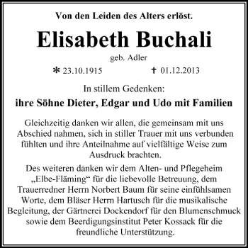 Traueranzeige von Elisabeth Buchali von Super Sonntag Dessau / Köthen