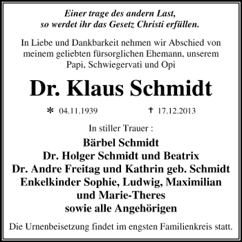 Traueranzeige von Klaus Schmidt von Super Sonntag Dessau / Köthen