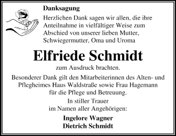 Traueranzeige von Elfriede Schmidt von Super Sonntag Dessau / Köthen