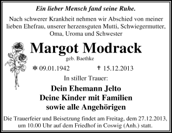 Traueranzeige von Margot Modrack von Super Sonntag Dessau / Köthen