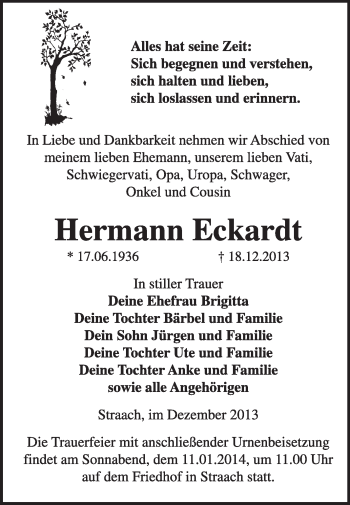 Traueranzeige von Hermann Eckardt von WVG - Wochenspiegel Wittenberg