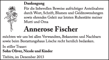 Traueranzeige von Annerose Fischer von WVG - Wochenspiegel Wittenberg