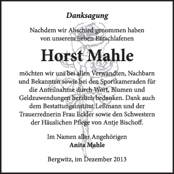 Traueranzeige von Horst Mahle von Super Sonntag Wittenberg