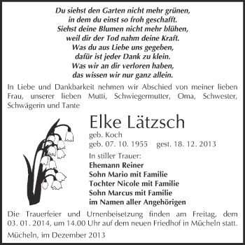 Traueranzeige von Elke Lätzsch von WVG - Wochenspiegel Merseburg
