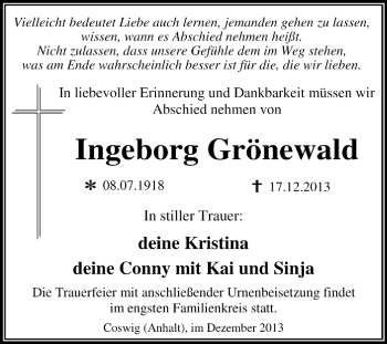 Traueranzeige von Ingeborg Grönewald von Super Sonntag Dessau / Köthen
