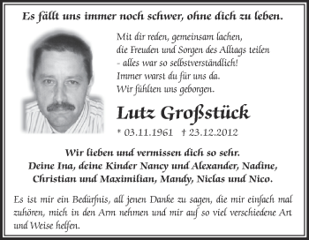 Traueranzeige von Lutz Großstück von Super Sonntag Zeitz