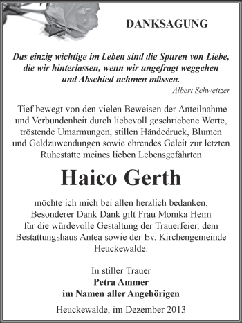 Traueranzeige von Haico Gerth von Super Sonntag Zeitz