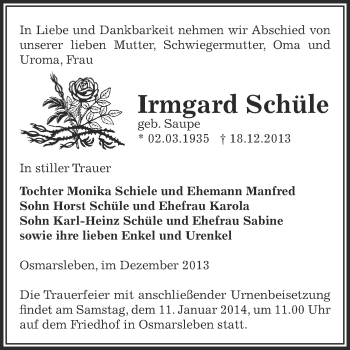 Traueranzeige von Irmgard Schüle von Super Sonntag Bernburg