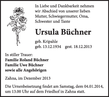 Traueranzeige von Ursula Büchner von Super Sonntag Wittenberg