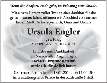 Traueranzeige von Ursula Engler von Super Sonntag Dessau / Köthen