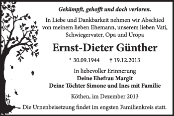 Traueranzeige von Ernst-Dieter Günther von Super Sonntag Dessau / Köthen