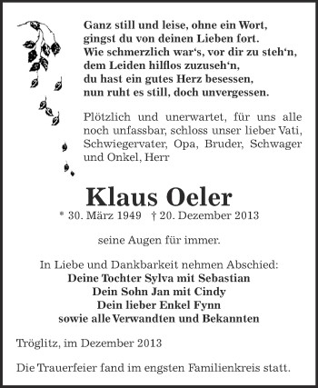 Traueranzeige von Klaus Oeler von Super Sonntag Zeitz