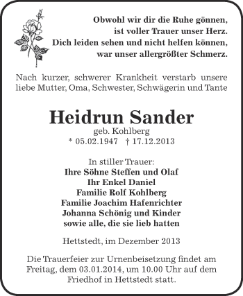 Traueranzeige von Heidrun Sander von Super Sonntag SGH Mansf. Land
