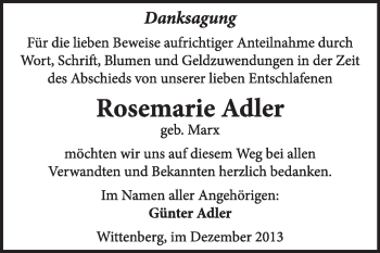 Traueranzeige von Rosemarie Adler von Super Sonntag Wittenberg