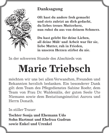 Traueranzeige von Marie Triebsch von Super Sonntag Bernburg